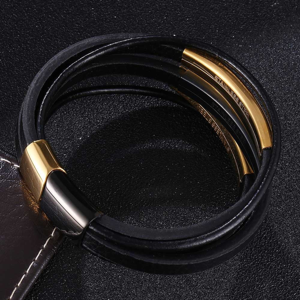 Bracelet personnalisé noir homme, fermoir magnétique, 3 plaques en acier personnalisables, design moderne à trois lanières, modèle Presnel – Image 3